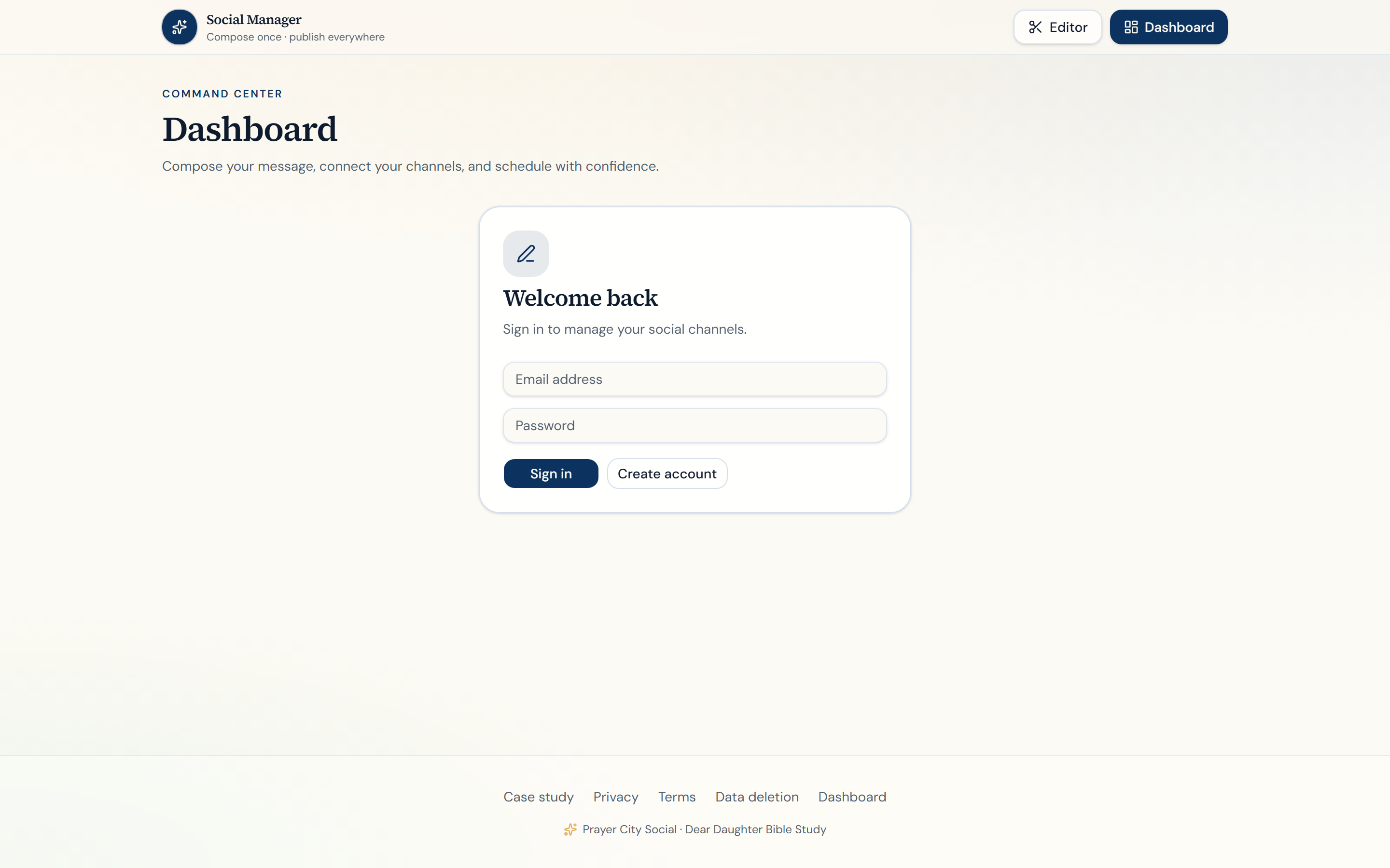 Prayer City Social dashboard login