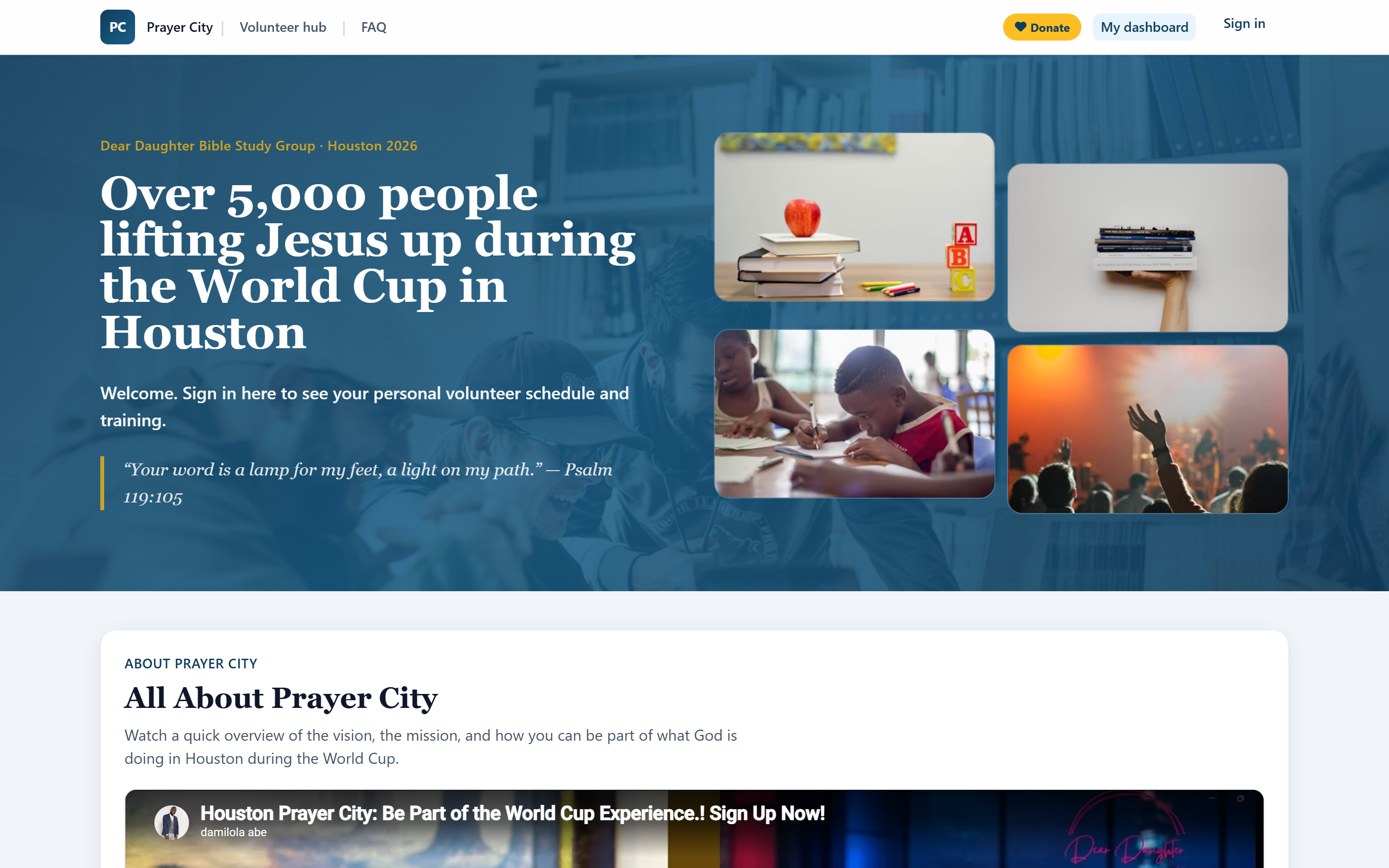 Prayer City volunteer hub homepage